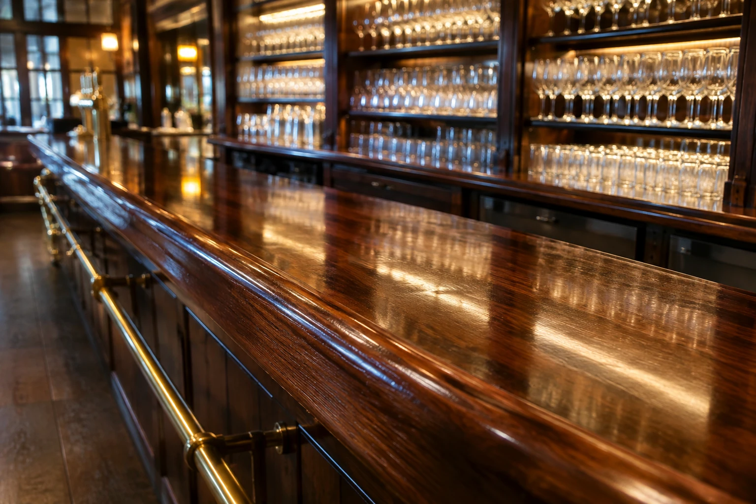 A polished wooden bar counter with seating and glassware