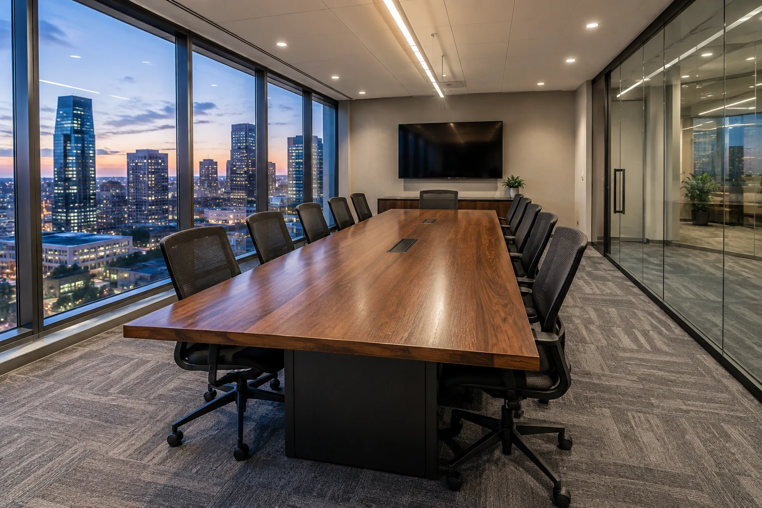 A modern boardroom with a long meeting table, carpeted floor and glass walls