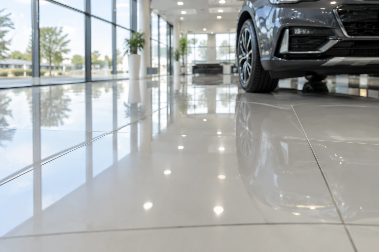 A dealership showroom with a clean, reflective tile floor and a vehicle on display