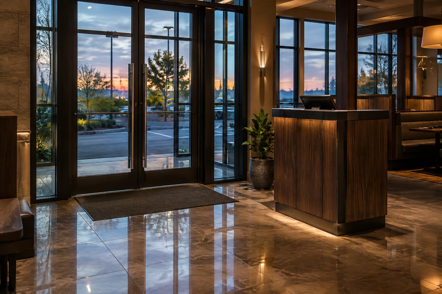 A restaurant entrance with glass doors, a welcome desk and an entry mat