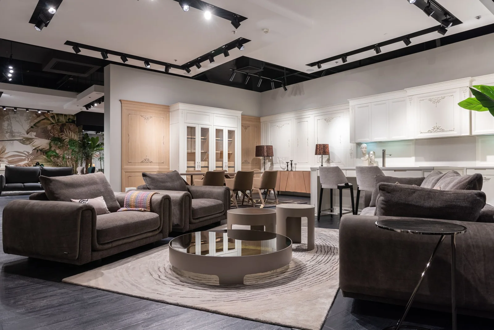 An airy furniture showroom with seating displays and open floors